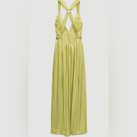 NWT ZARA Blogger Fave Lime Green Silky Cross Back V-Neck Maxi Dress Gown XS - Picture 3 of 14